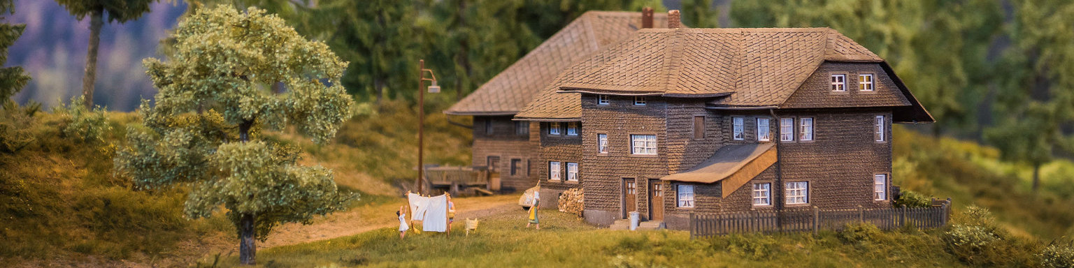 Foto der Modellbahnanlage: Lokomotive schiebt Güterwagen.