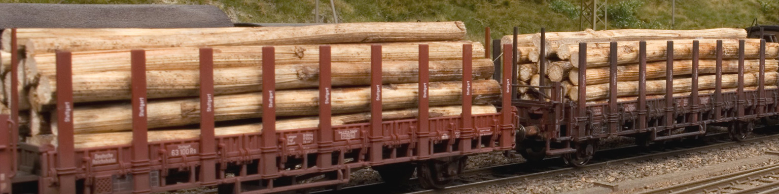Foto der Modellbahnanlage: Lokomotive schiebt Güterwagen.